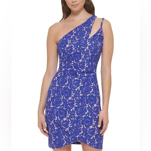 knee length dresses for ladies A Line One Shoulder Navy Tiered Lace Short Homecoming Dress main image 1